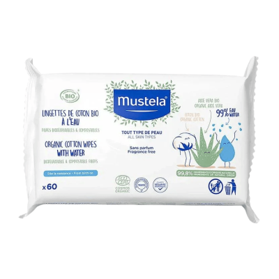 Mustela Lingettes Coton Bio à l'Eau, 60 pièces | DERMO