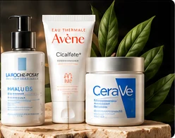 Sélection de soins visage et corps sur un support en pierre
